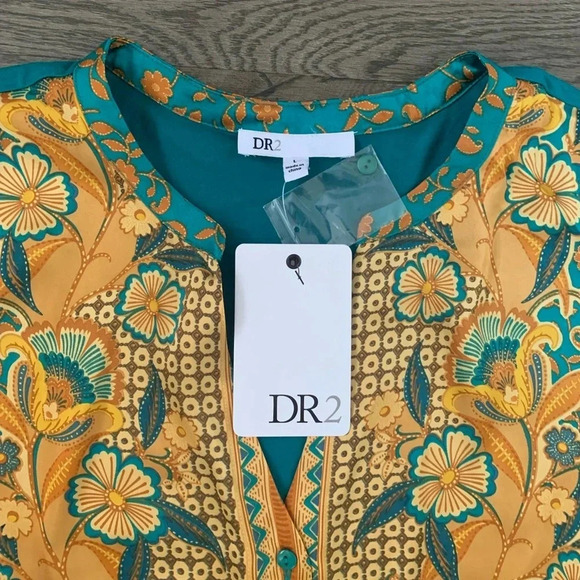 DR2 by Daniel Rainn Boho Floral Print Blouse Size L - Teal/Mustard Yellow - NWT - Picture 9 of 9